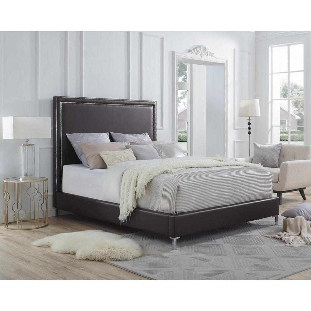 Navy Blue Solid Wood King Upholstered Velvet Bed with Nailhead Trim