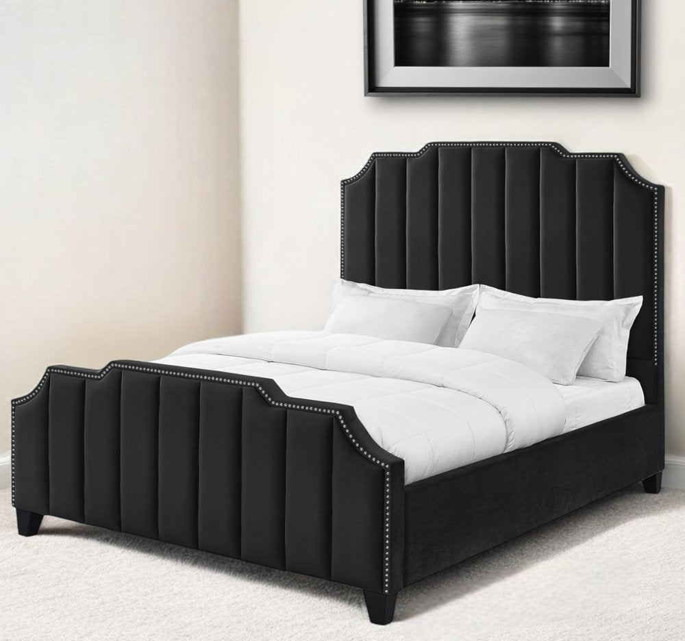 Navy Blue Solid Wood Queen Tufted Upholstered Velvet Bed with Nailhead Trim