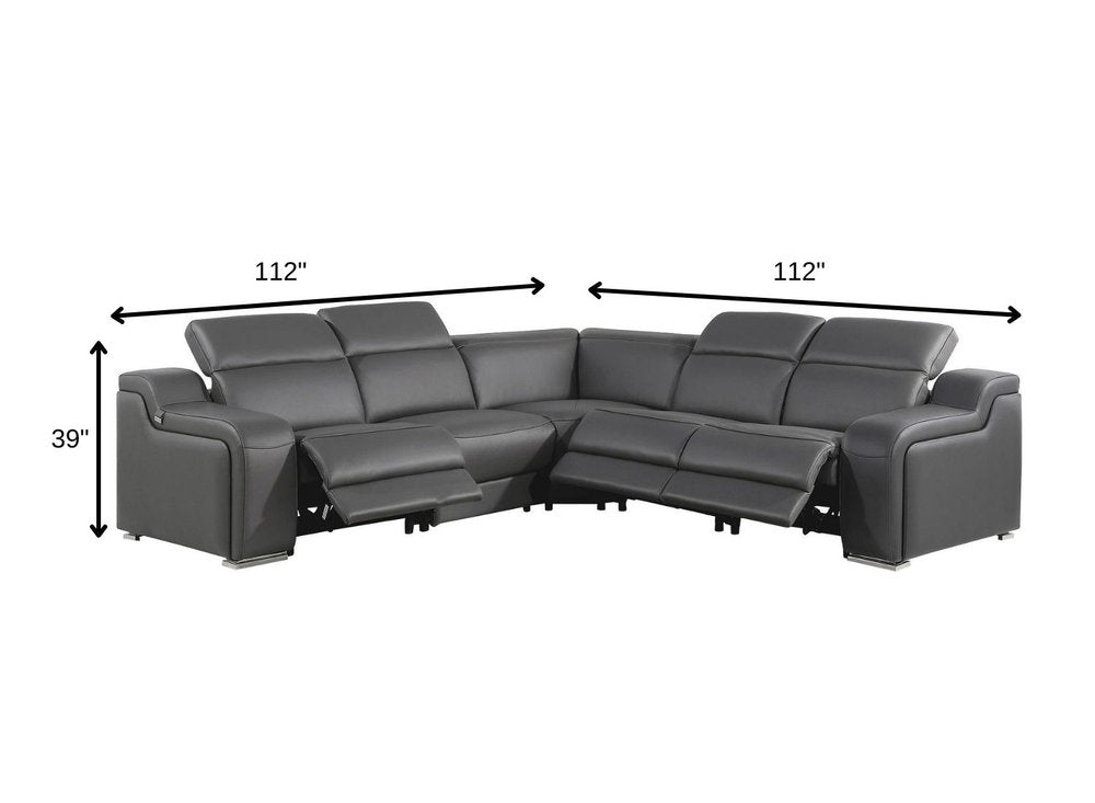 Dark Gray Italian Leather Power Reclining L Shaped Five Piece Corner Sectional