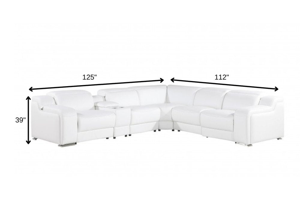 White Italian Leather Power Reclining L Shaped Six Piece Corner Sectional With Console