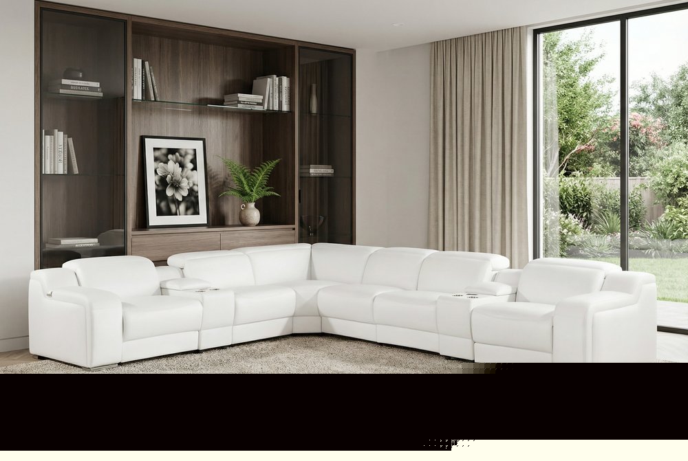 White Italian Leather 4 Power Reclining L Shaped Eight Piece Corner Sectional With Console