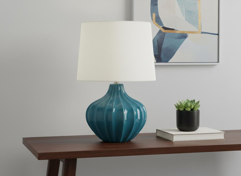24" Blue Ceramic Gourd Table Lamp With Cream Empire Shade