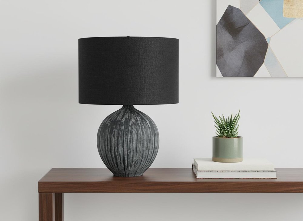 23" Black Ceramic Round Table Lamp With Black Drum Shade