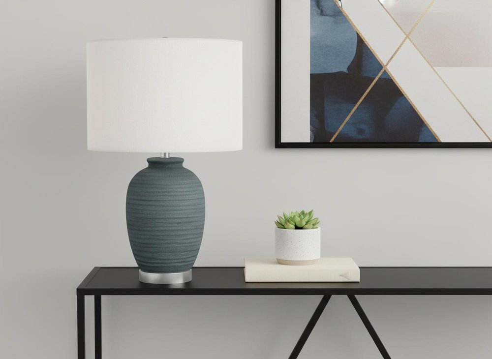 24" Blue and Silver Ceramic Round Table Lamp With Ivory Drum Shade