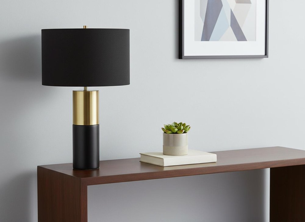 25" Black and Gold Concrete Cylinder Table Lamp With Black Drum Shade