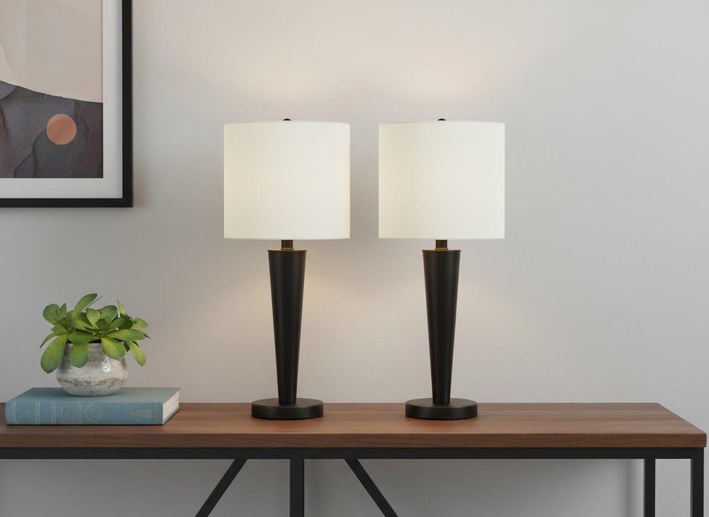 Set of Two 24" Black Metal Candlestick USB Table Lamps With Ivory Drum Shade