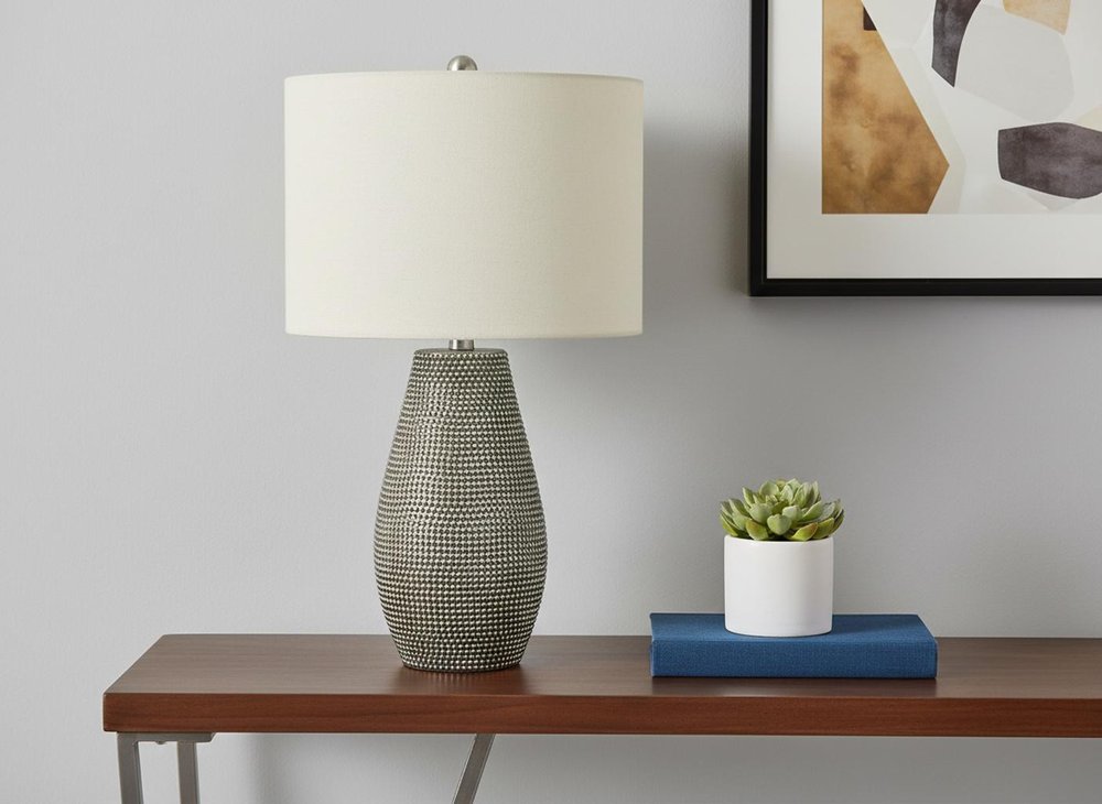 24" Gray Round Table Lamp With Ivory Drum Shade