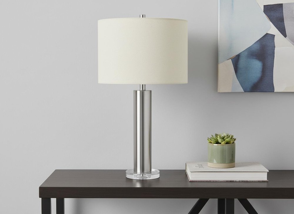 28" Silver Acrylic Cylinder Table Lamp With Ivory Drum Shade