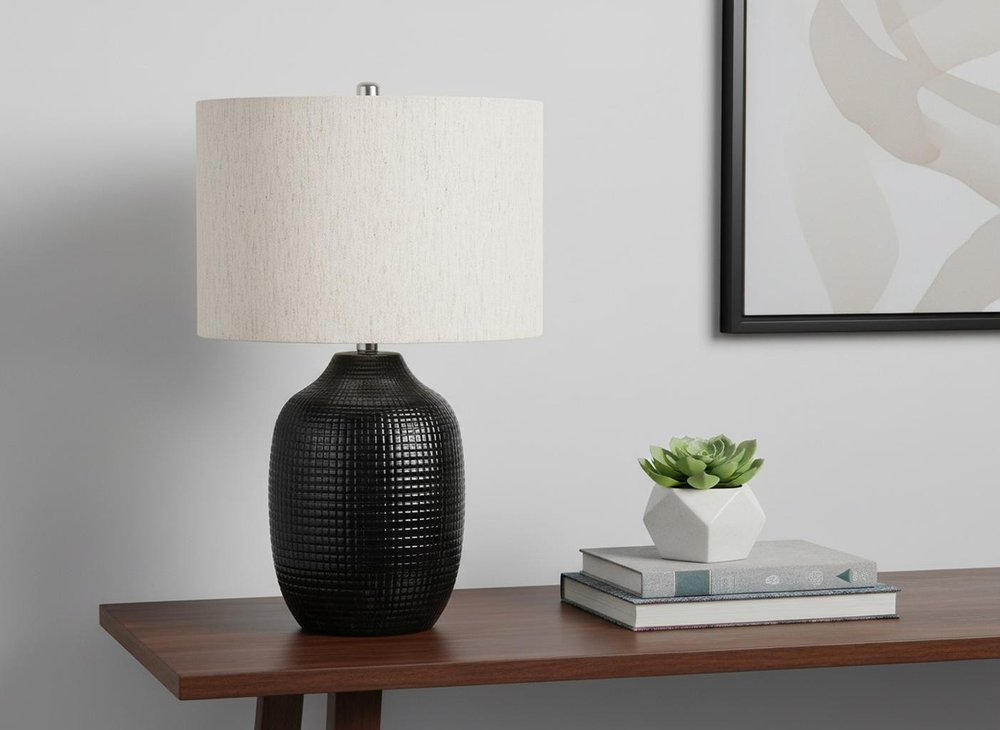 26" Black Ceramic Urn Table Lamp With Ivory Drum Shade