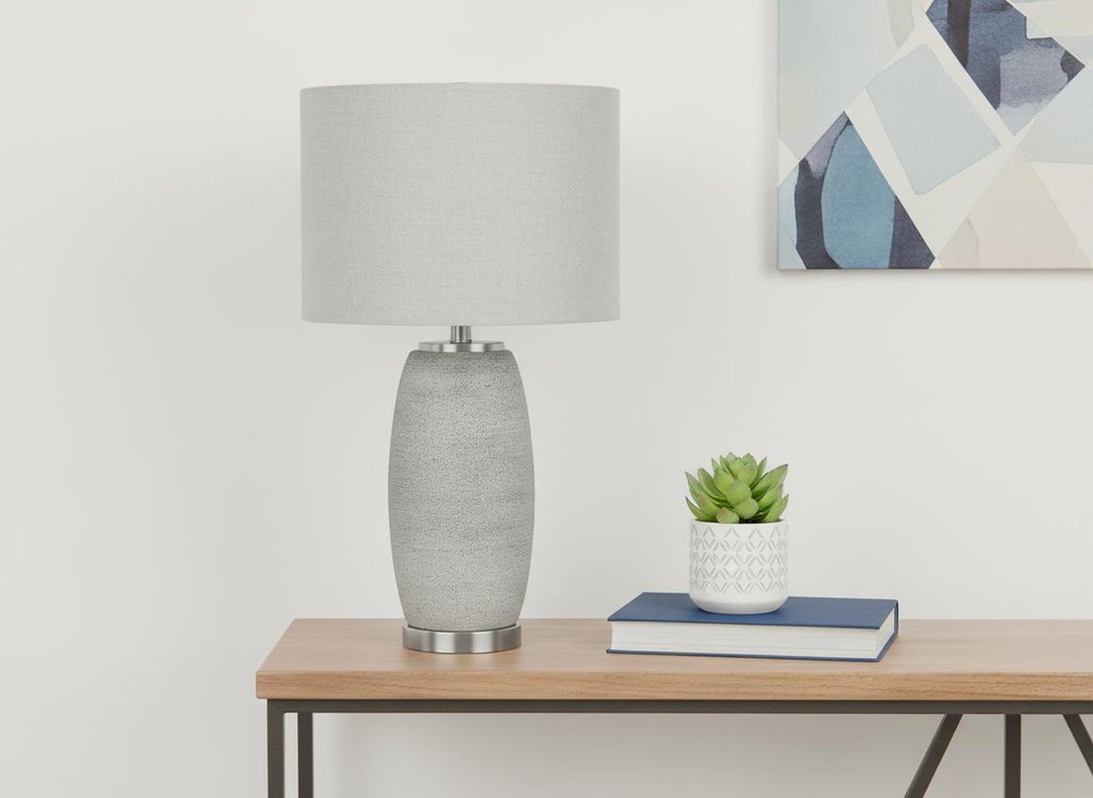 25" Gray and Silver Ceramic Cylinder Table Lamp With Gray Drum Shade