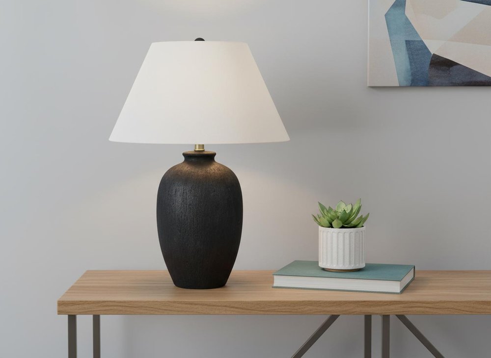 24" Black Ceramic Round Table Lamp With Ivory Empire Shade
