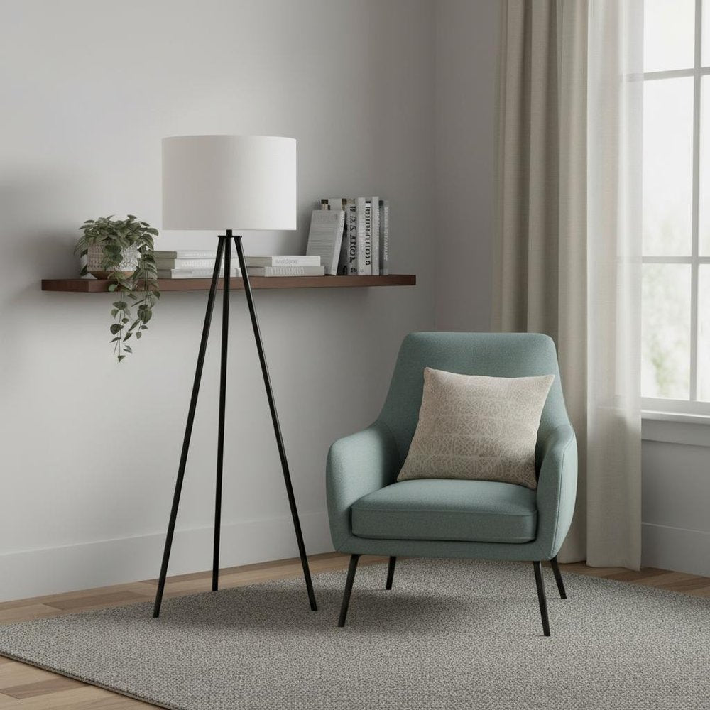 63" Black LED Light Changing Floor Lamp With Cream Fabric Drum Shade