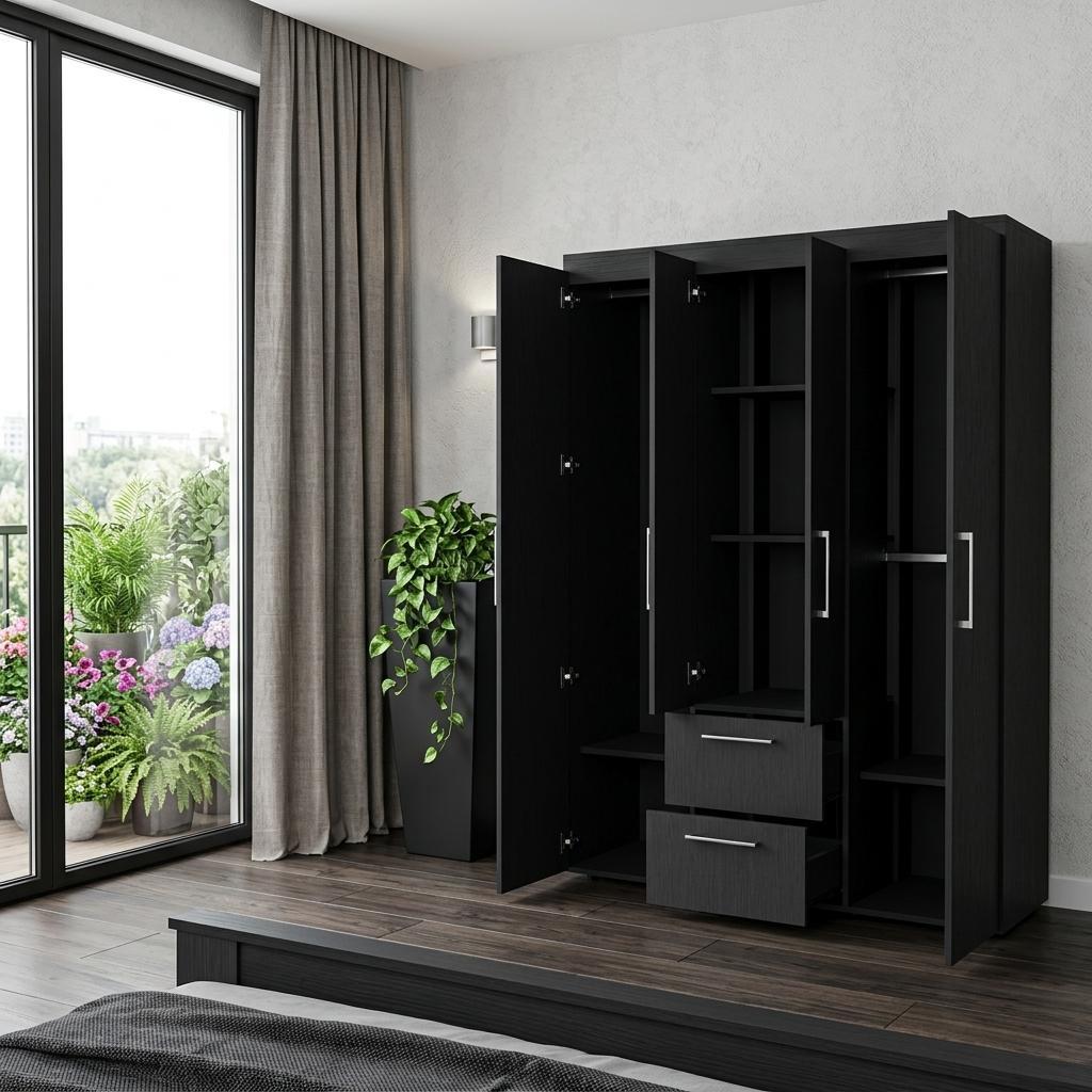 70" Black Wood Two Drawer Combo Dresser