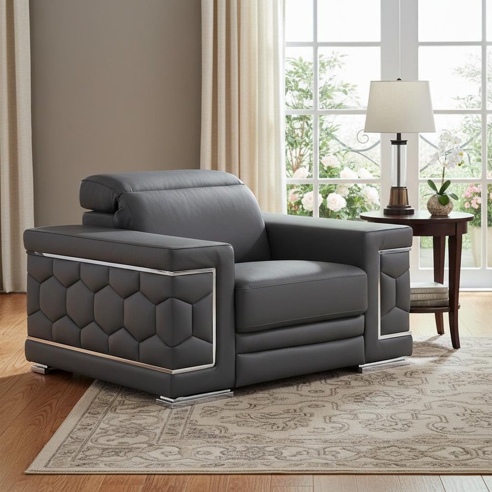 47" Granite Gray And Silver Genuine Leather Club Chair