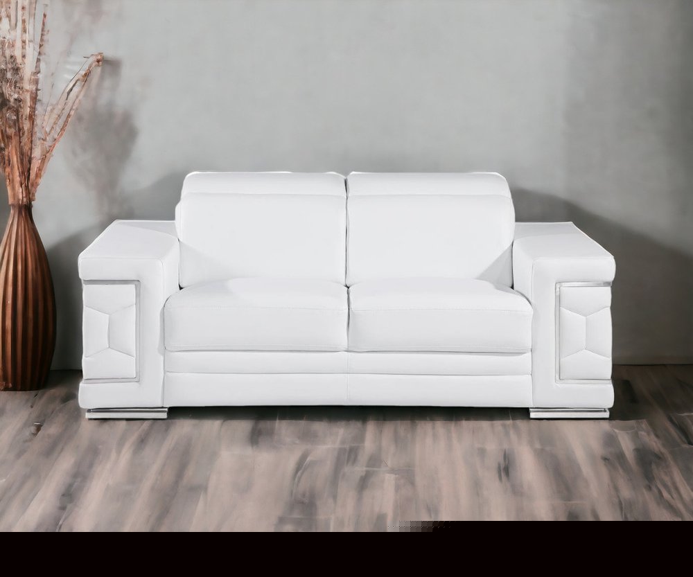 71" White And Silver Genuine Leather Love Seat