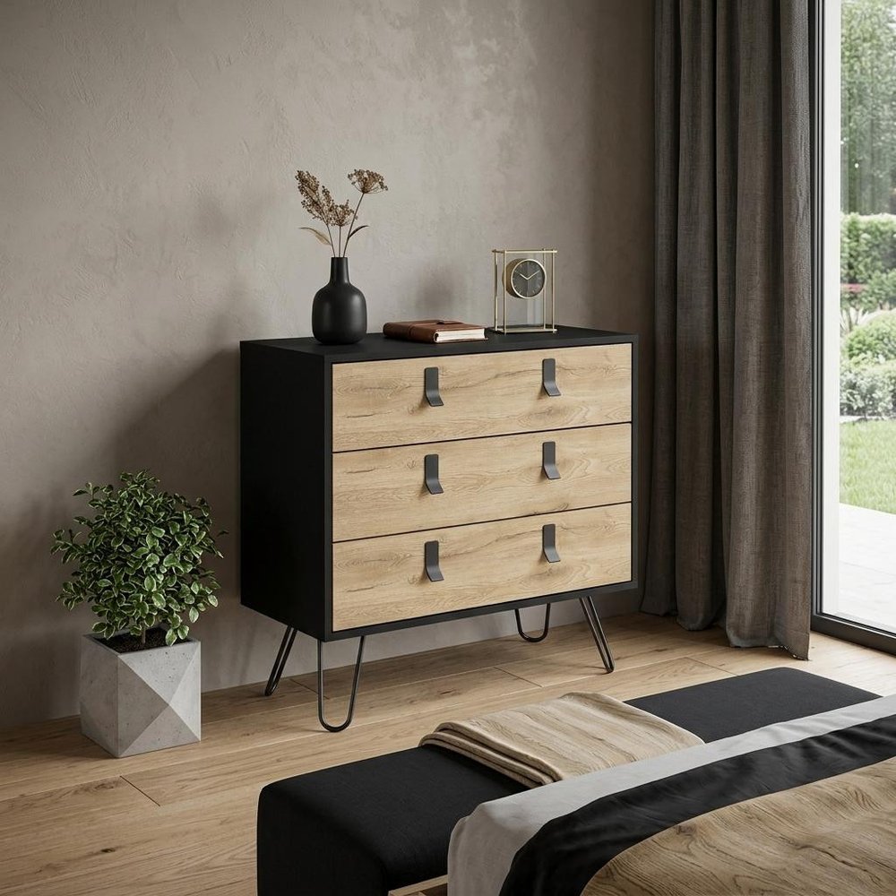 32" Natural and Black Three Drawer Dresser