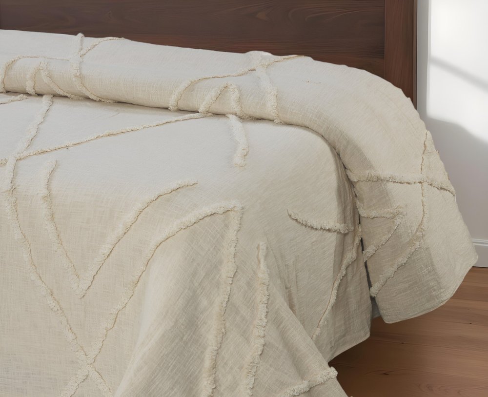 Ivory Geometric Queen Cotton Coverlet