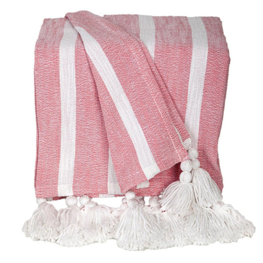 50" X 60" Pink and White Woven Cotton Striped Throw Blanket with Tassels