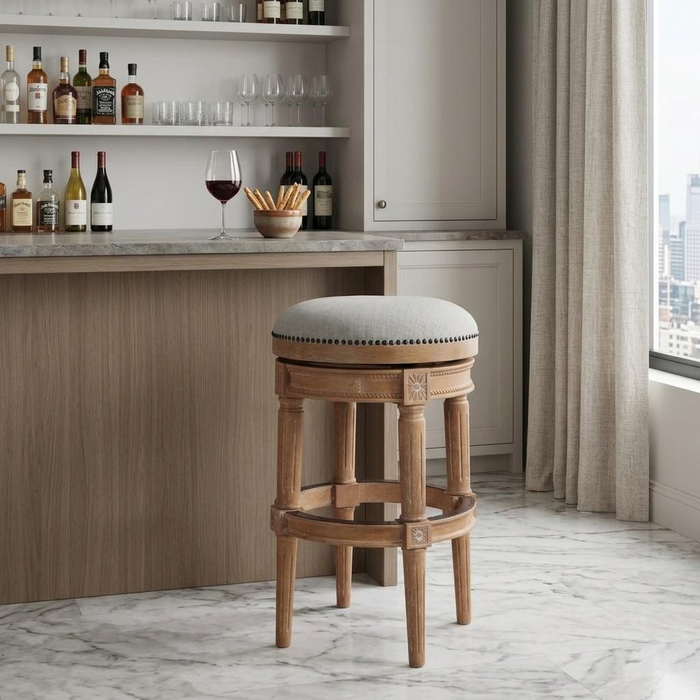 31" Beige And Natural Fabric And Solid Wood Backless Bar Height Swivel Bar Chair