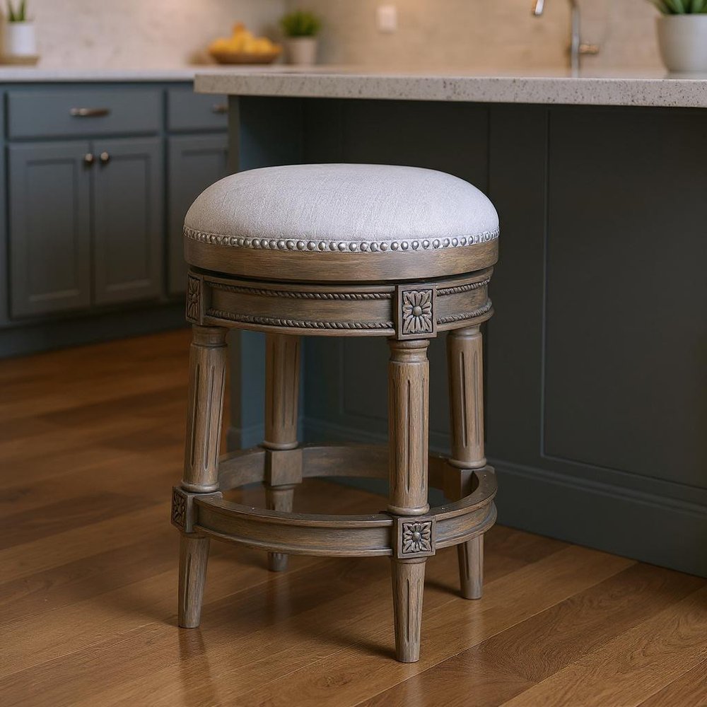 26" Gray Solid Wood Swivel Backless Counter Height Bar Chair