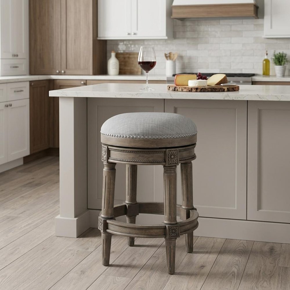 26" Gray Fabric And Solid Wood Backless Counter Height Swivel Bar Chair