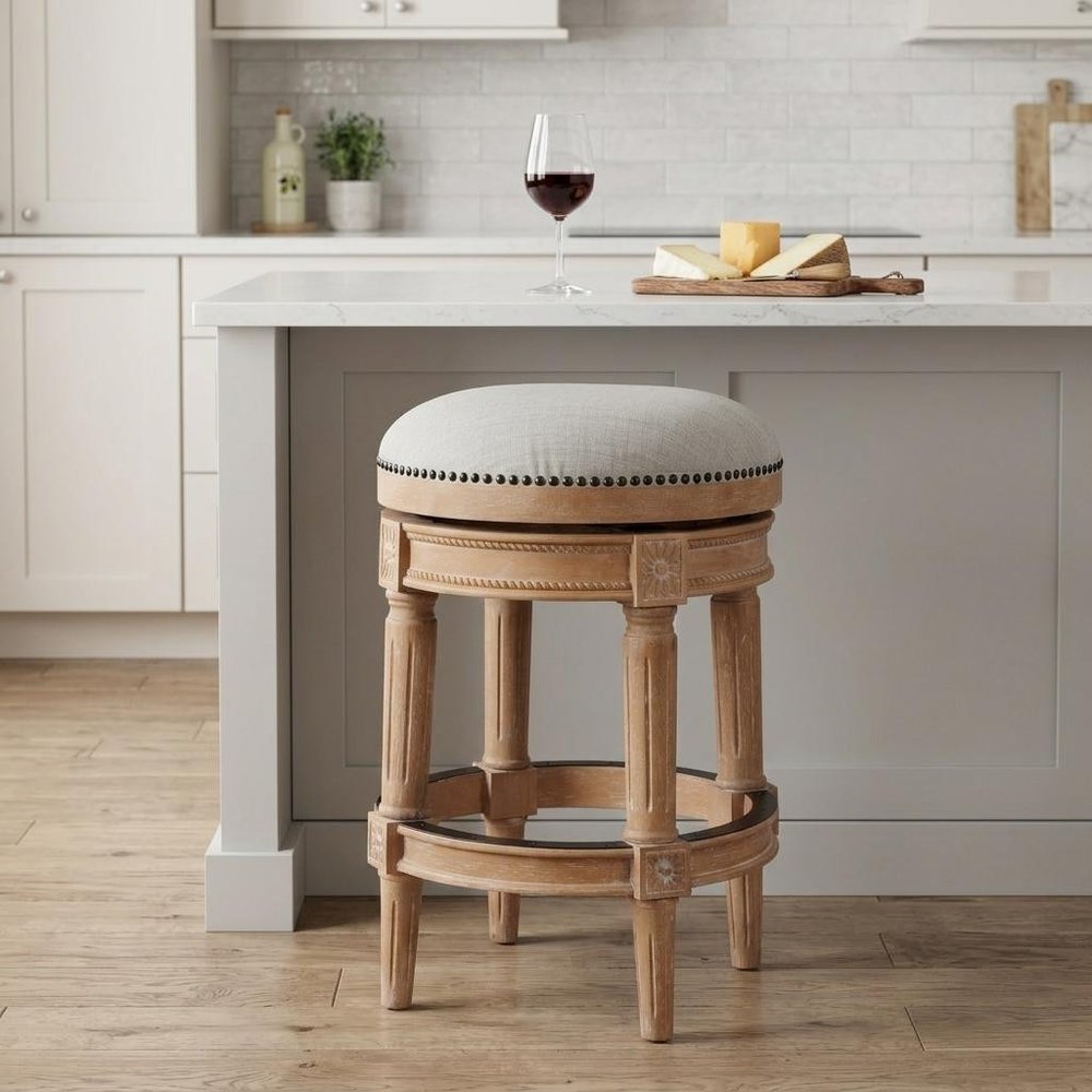 26" Beige And Natural Fabric And Solid Wood Backless Counter Height Swivel Bar Chair