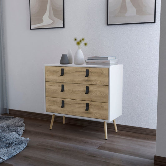32" White And Natural Wood Three Drawer Dresser