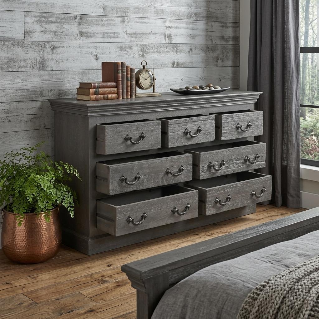 64" Gray Solid Wood Seven Drawer Double Dresser