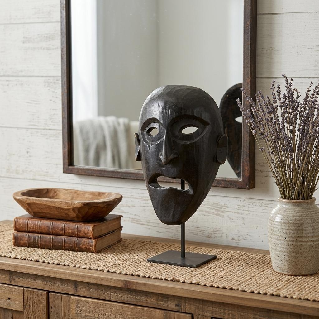 11" Black Solid Wood Decorative Mask Tabletop Sculpture