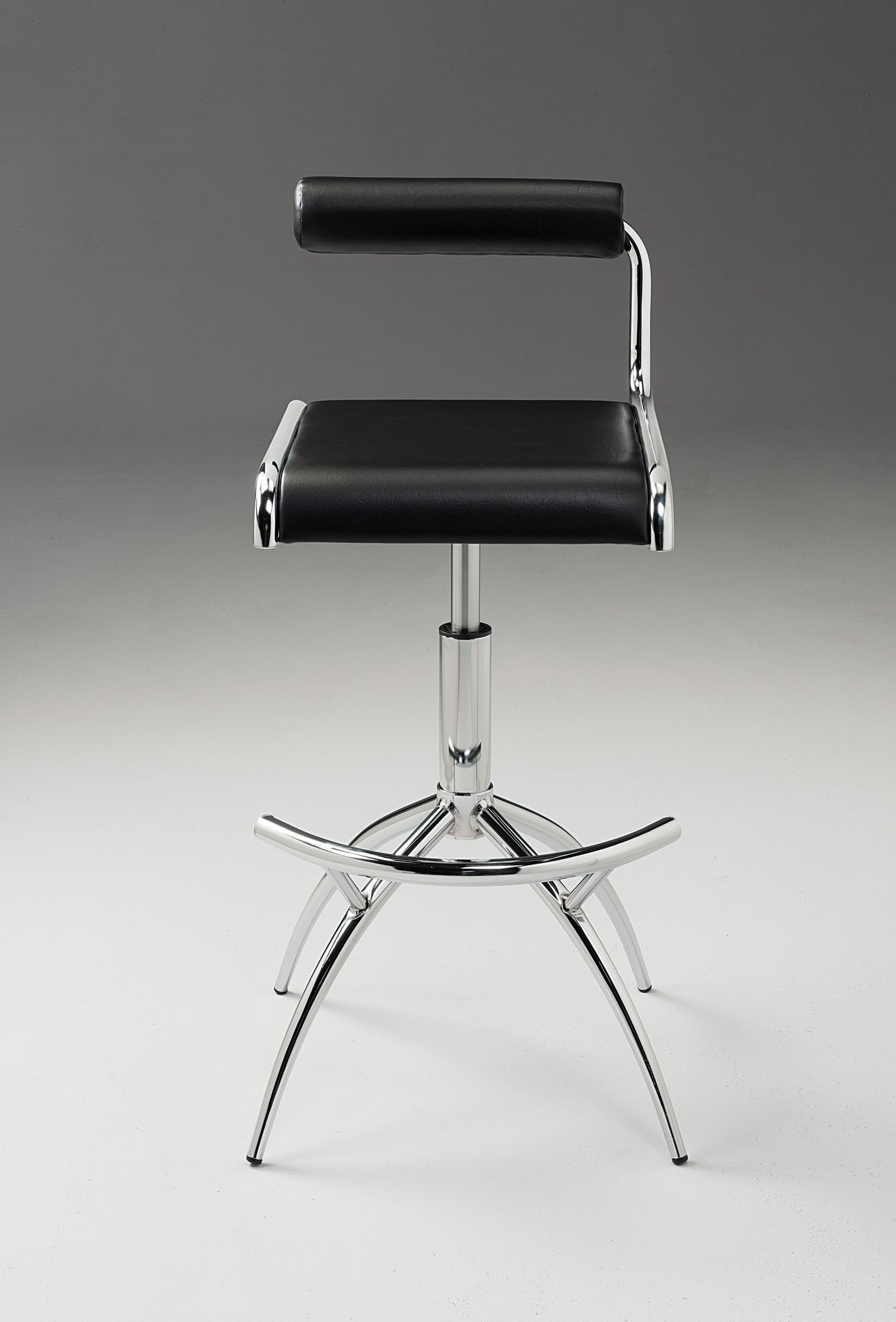 Set of Two Black and Silver Faux Leather and Metal Low Back Adjustable Height Bar Chairs