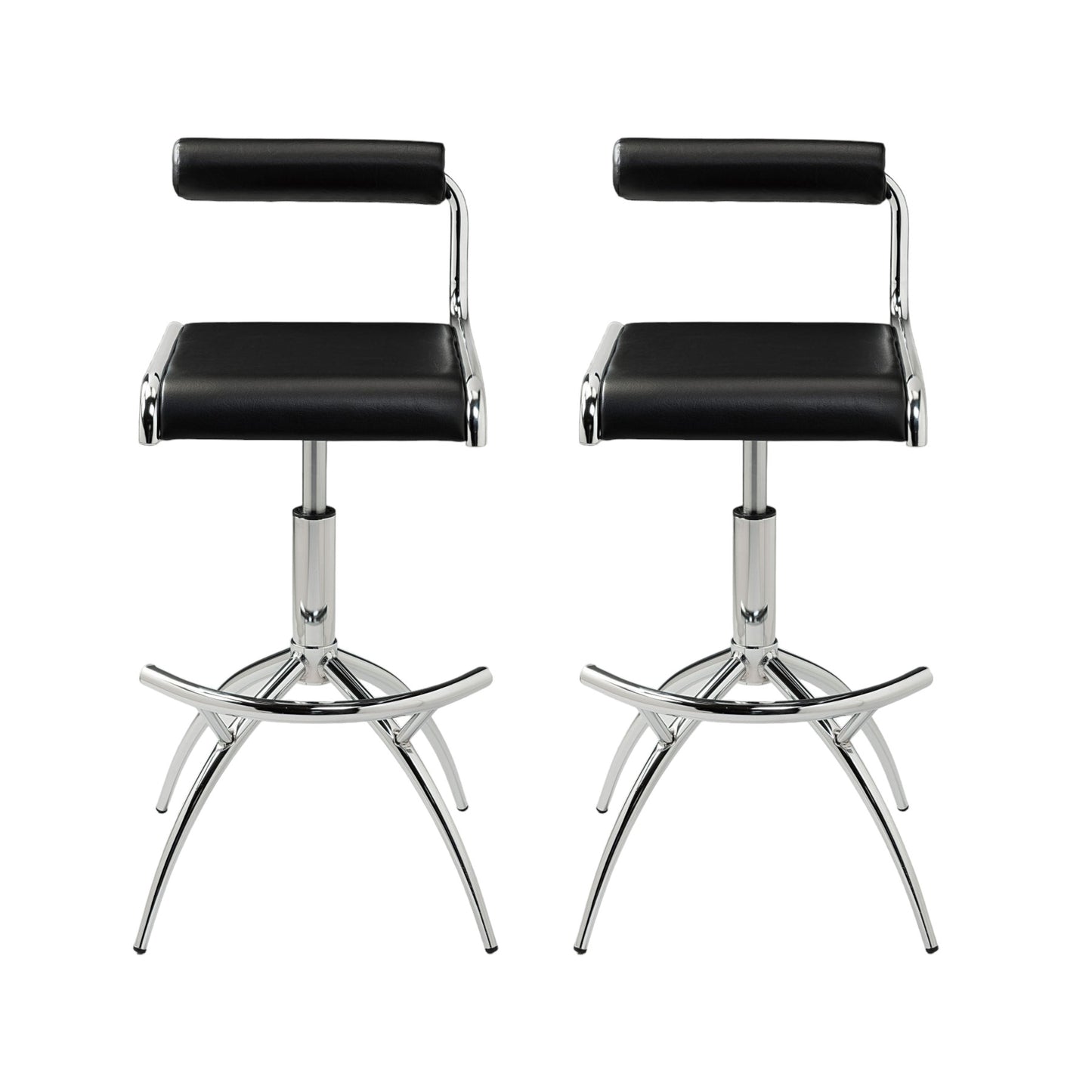 Set of Two Black and Silver Faux Leather and Metal Low Back Adjustable Height Bar Chairs