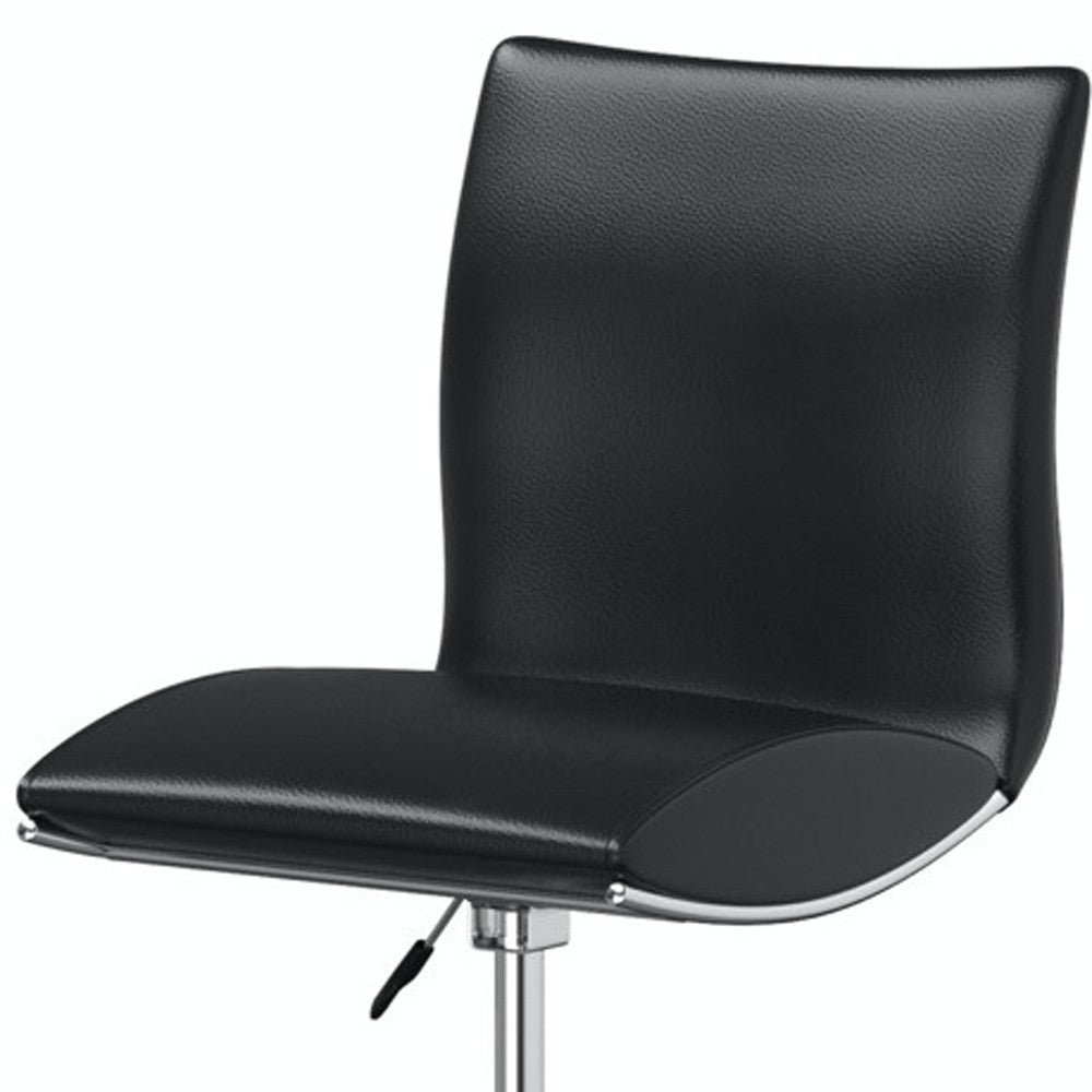 Set of Two Black and Silver Faux Leather and Metal Low Back Adjustable Height Bar Chairs