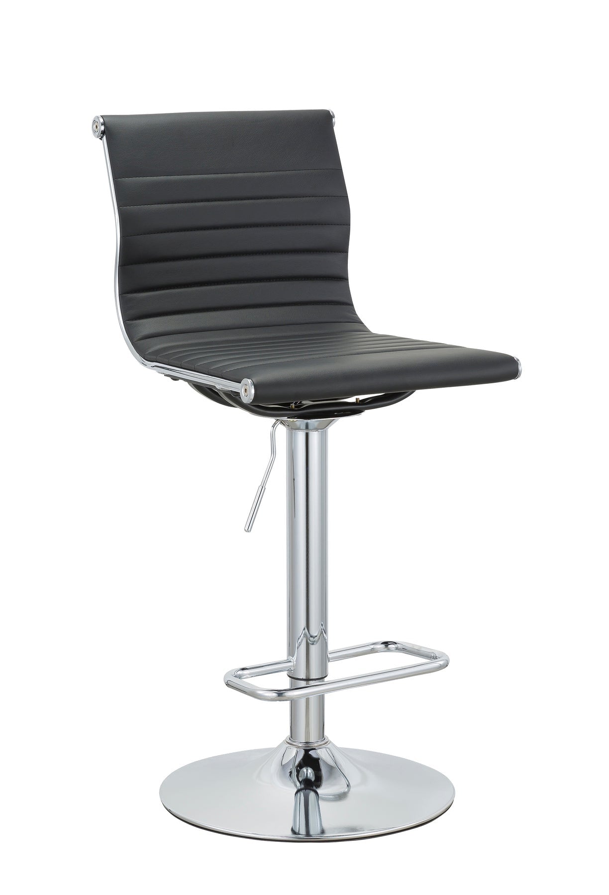 Set of Two Black and Silver Faux Leather and Metal Low Back Adjustable Height Bar Chairs