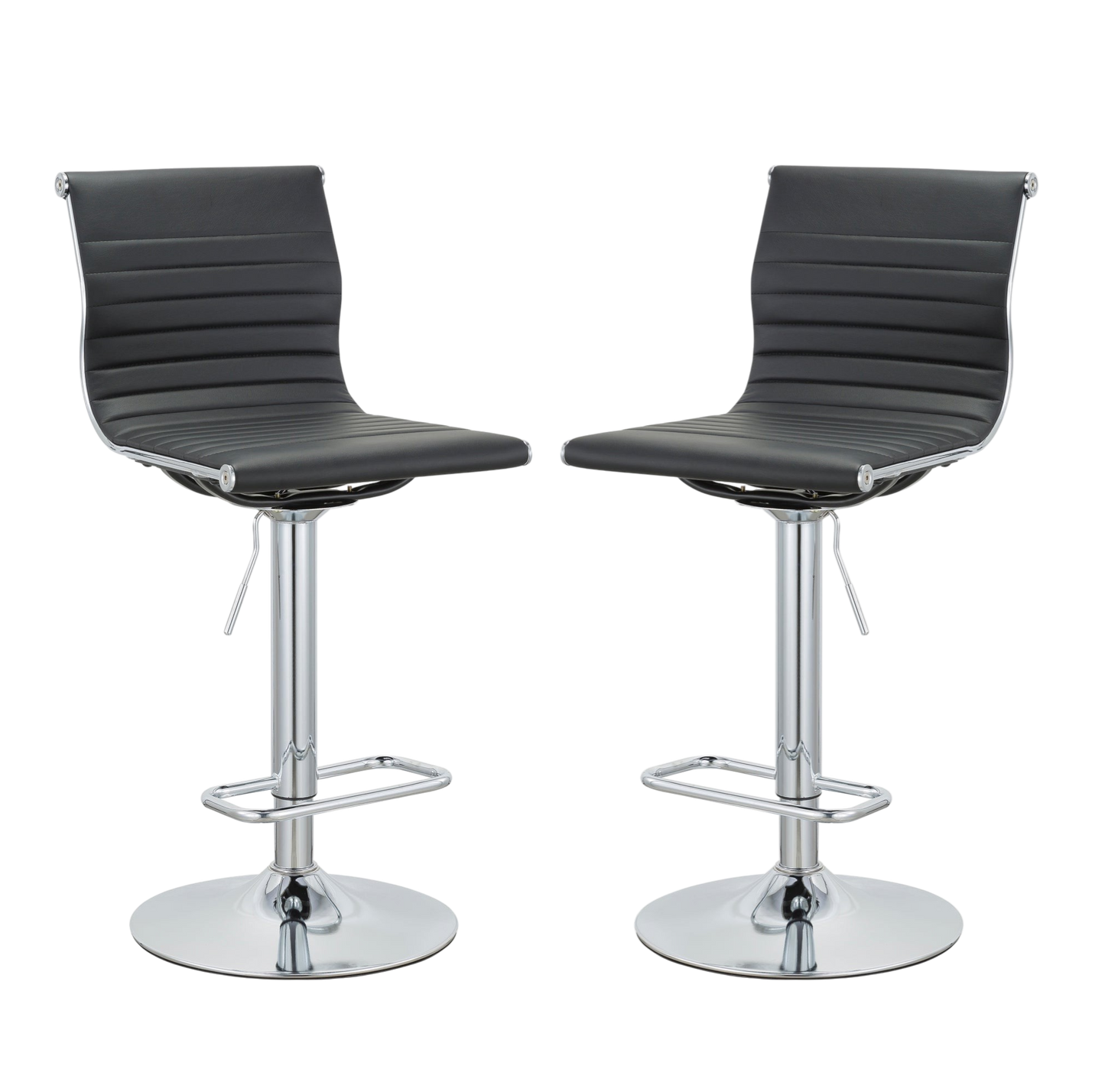 Set of Two Black and Silver Faux Leather and Metal Low Back Adjustable Height Bar Chairs