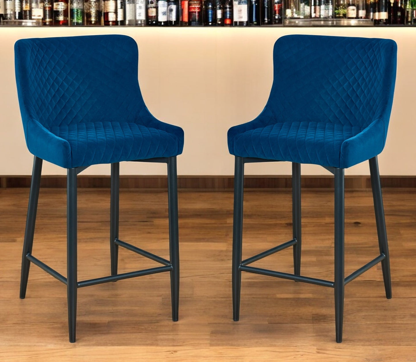 Set of Two 26" Blue and Black Velvet and Metal Low Back Counter Height Bar Chairs