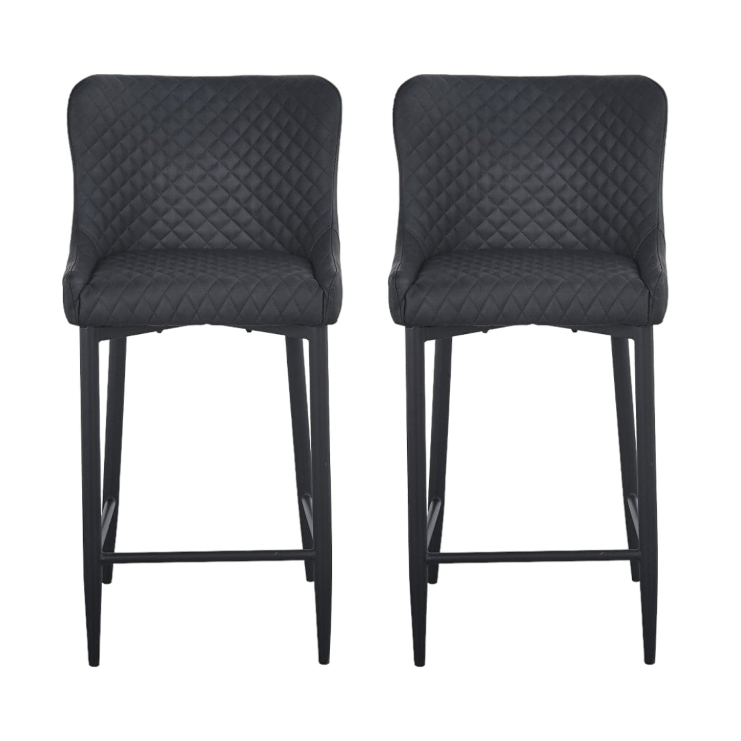 Set of Two 30" Gray and Black Faux Leather and Metal Low Back Bar Height Bar Chairs
