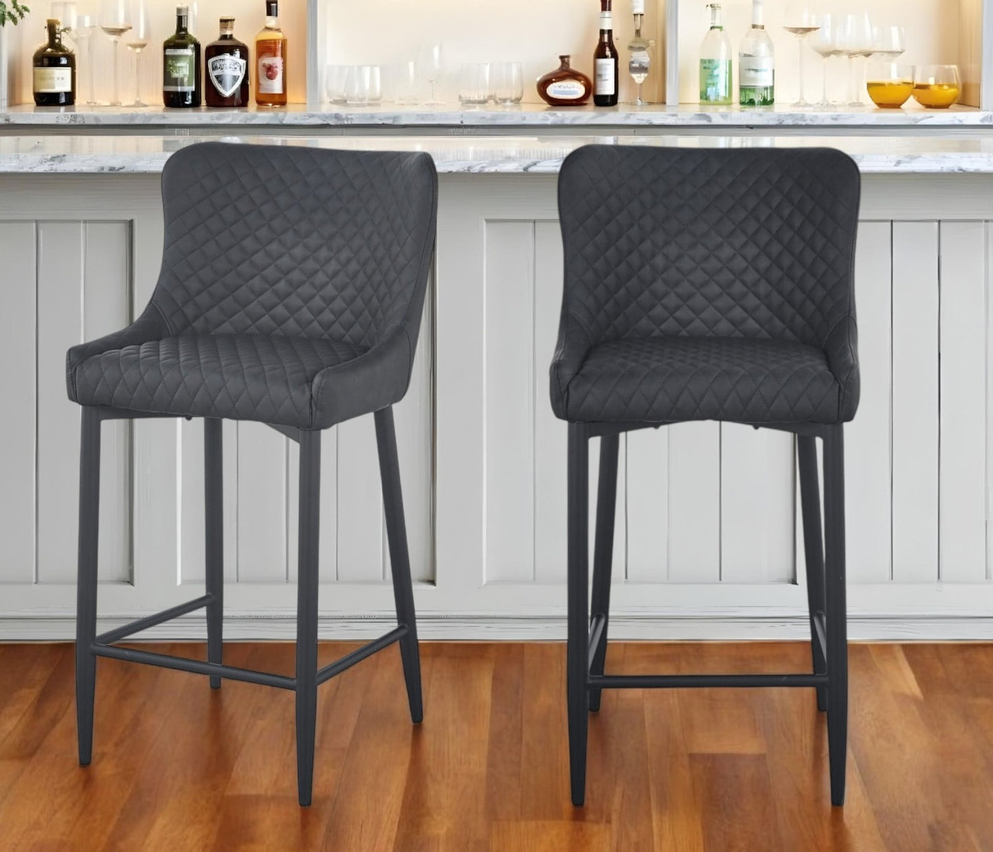 Set of Two 30" Gray and Black Faux Leather and Metal Low Back Bar Height Bar Chairs