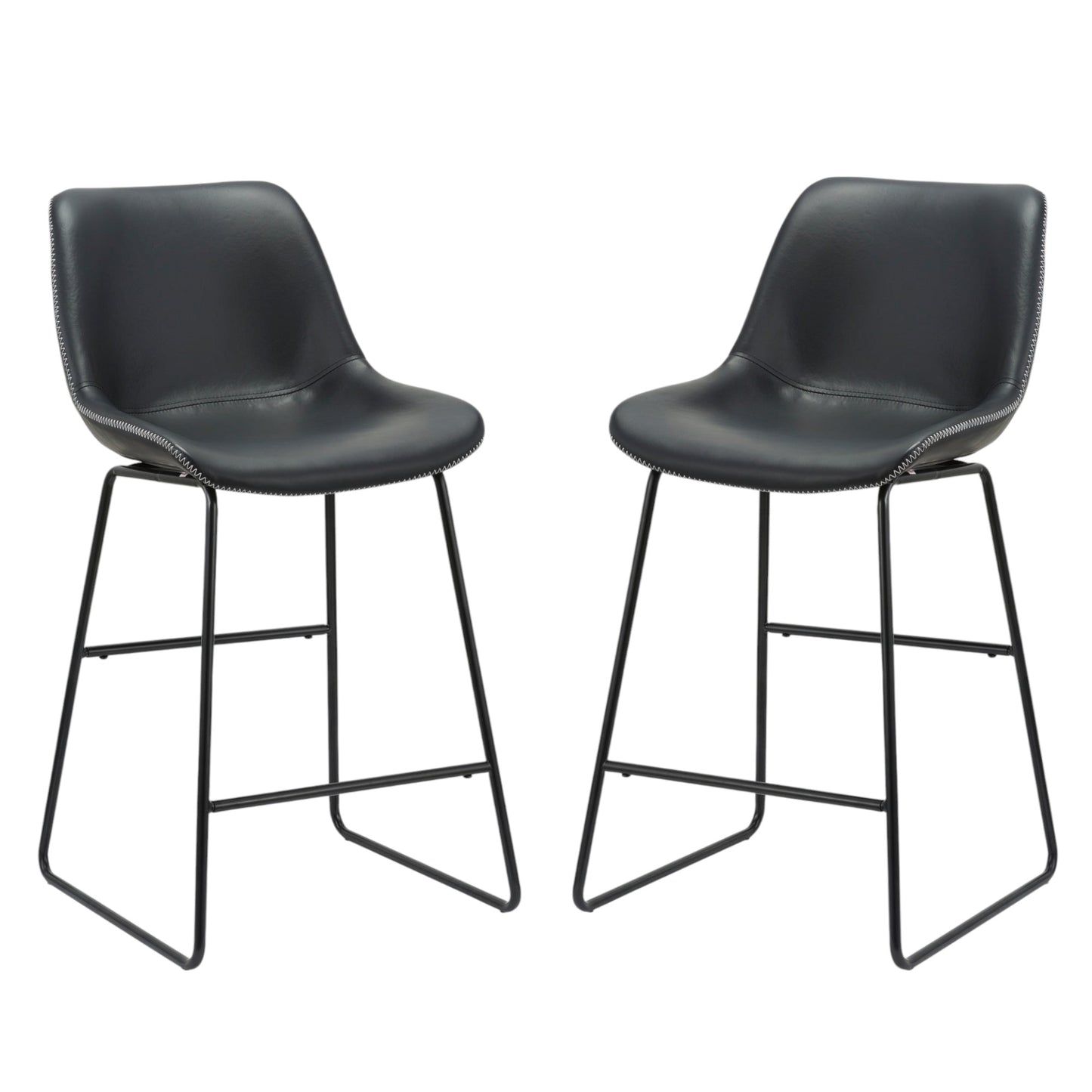 Set of Two Black Faux Leather and Metal Low Back Counter Height Bar Chairs