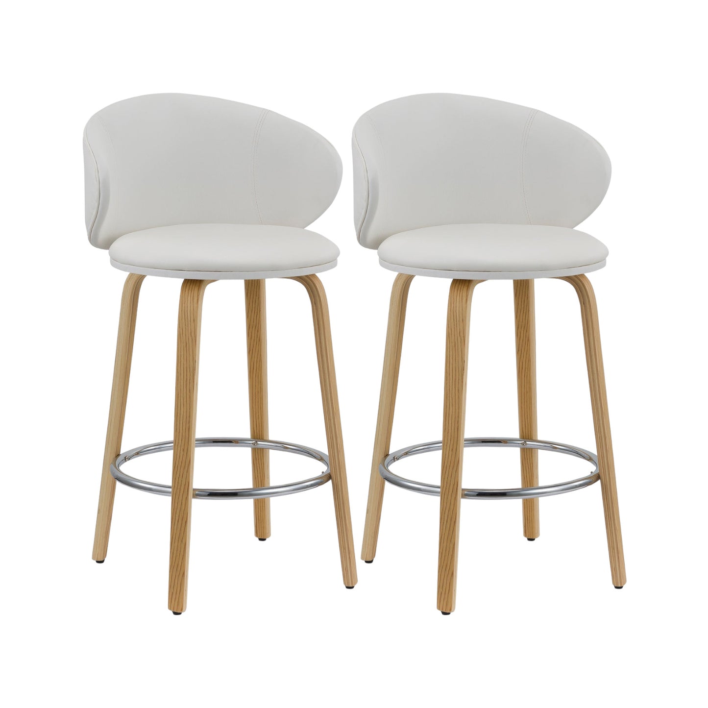 Set of Two 26" White and Brown Faux Leather and Solid Wood Low Back Counter Height Bar Chairs