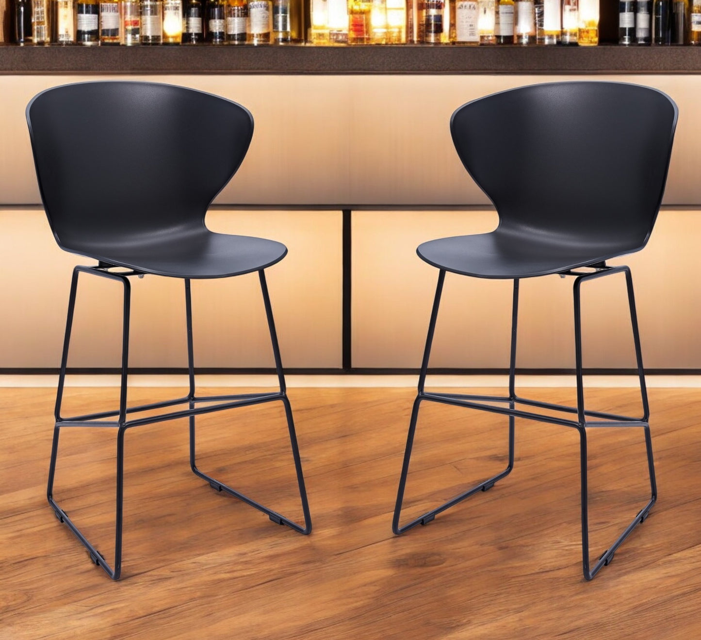 Set of Two 30" Black Heavy Duty Plastic and Metal Low Back Bar Height Bar Chairs