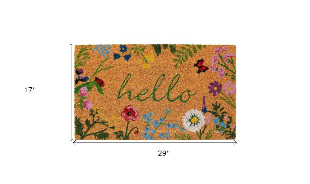 17" X 29" Natural and Green Coir Floral Hello Outdoor Door Mat