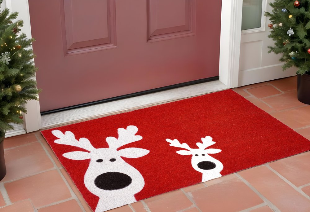 17" X 29" Red and White Coir Reindeer Outdoor Christmas Door Mat