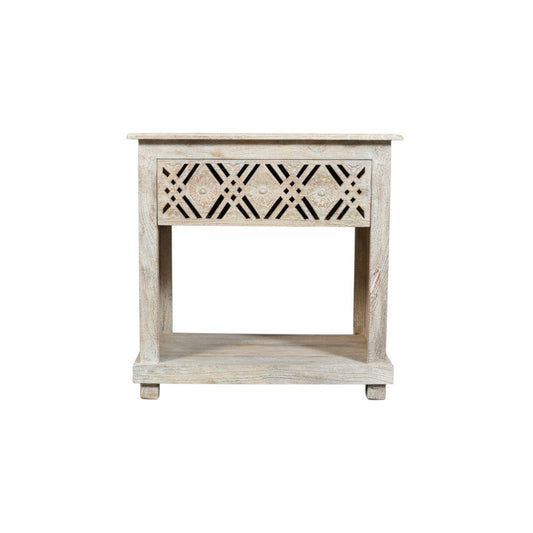 28" White Solid Wood Distressed Carved Geometric One Drawer Nightstand