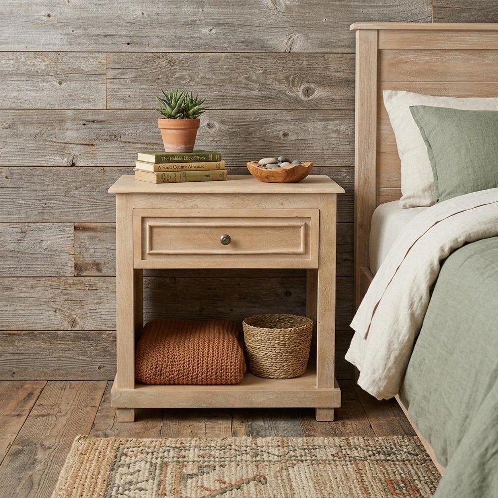 28" Beige Solid Wood Distressed One Drawer Nightstand