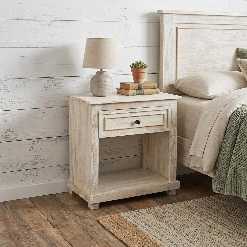 28" White Solid Wood Distressed One Drawer Nightstand