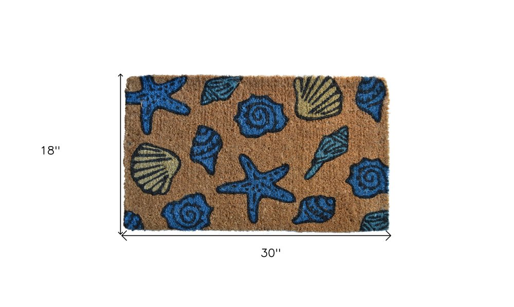 18" X 30" Blue and Brown Coir Seashells Outdoor Door Mat