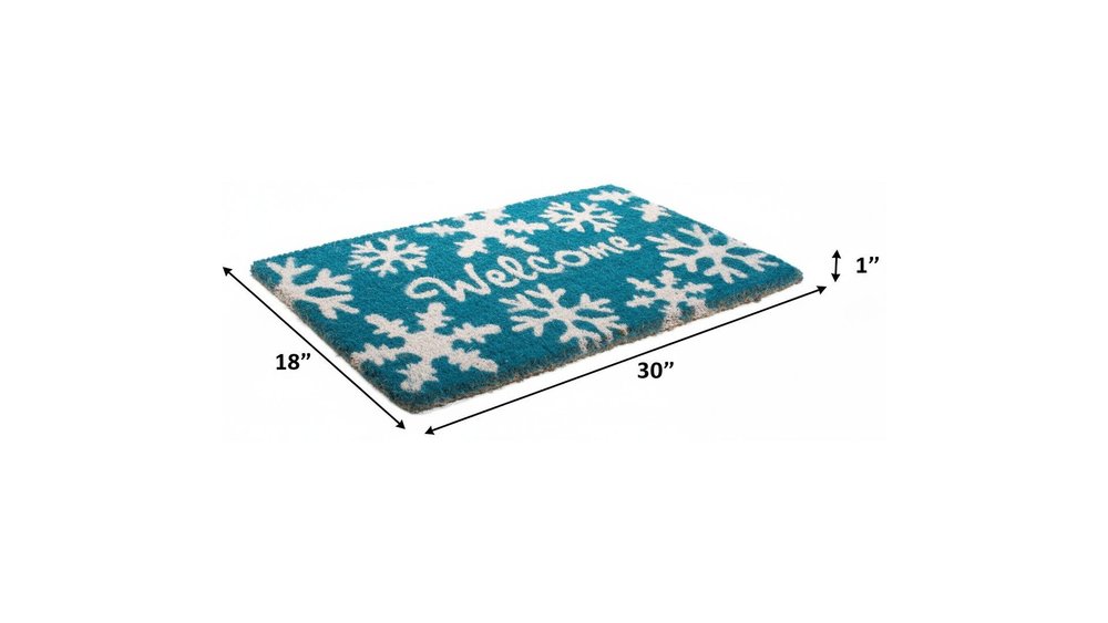 18" X 30" Aqua Blue and White Coir Snowflake Welcome Outdoor Winter Door Mat