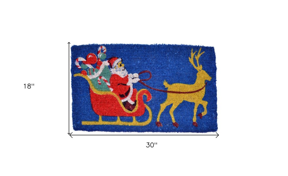 18" X 30" Blue and Yellow Coir Santa Claus Outdoor Holiday Door Mat
