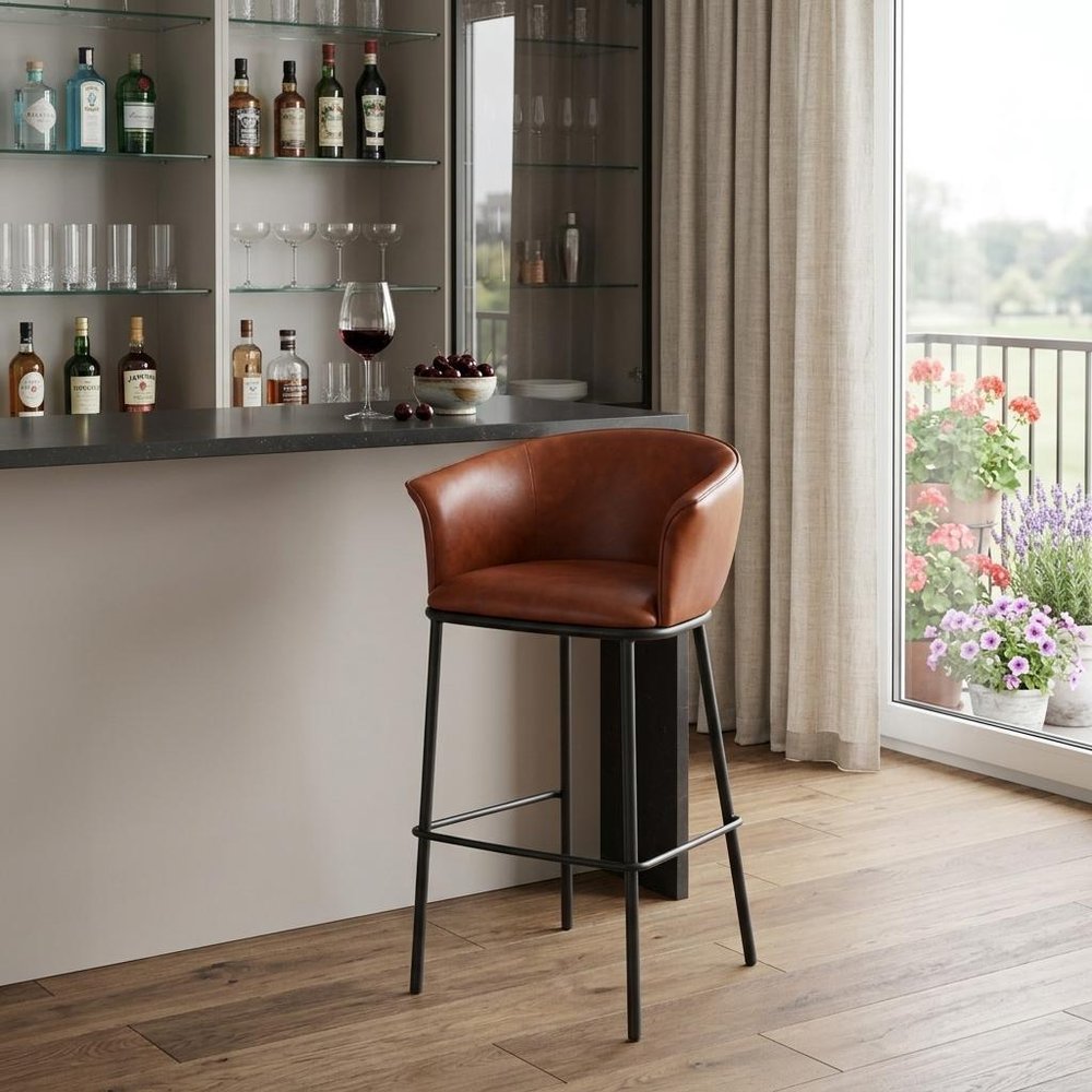30" Brown And Black Faux Leather And Steel Bar Height Bar Chair