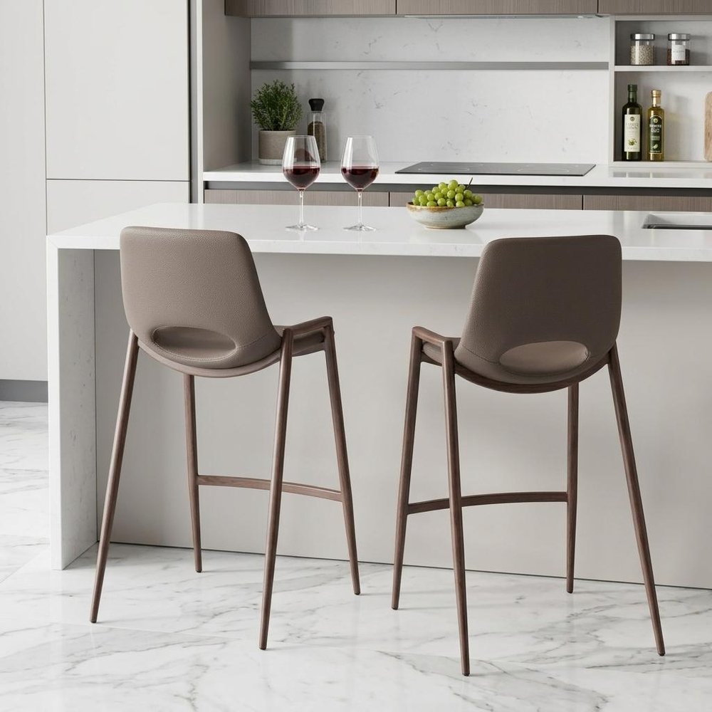 Set of Two 26" Brown Faux Leather And Steel Low Back Counter Height Bar Chairs